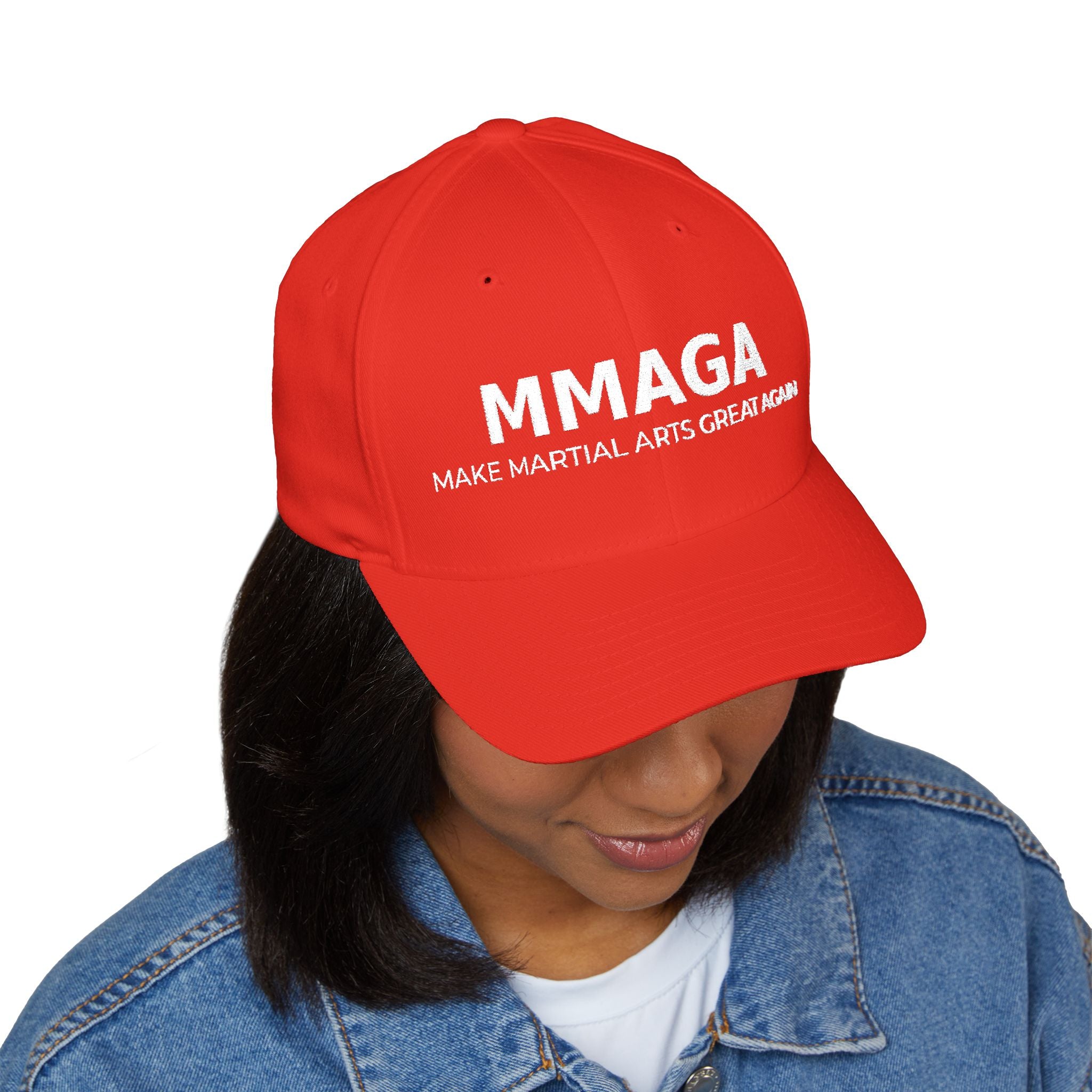 Embroidered MMAGA Closed-Back Cap — White Structured Baseball Hat